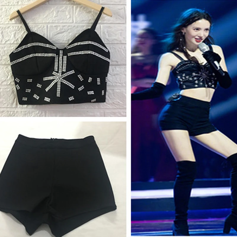 Sexy High Waist Black Stretch Tight Shorts Diamond Suspenders Jazz Clothing Pole Dance Women'S Group Costume Rave Clothes XS2817