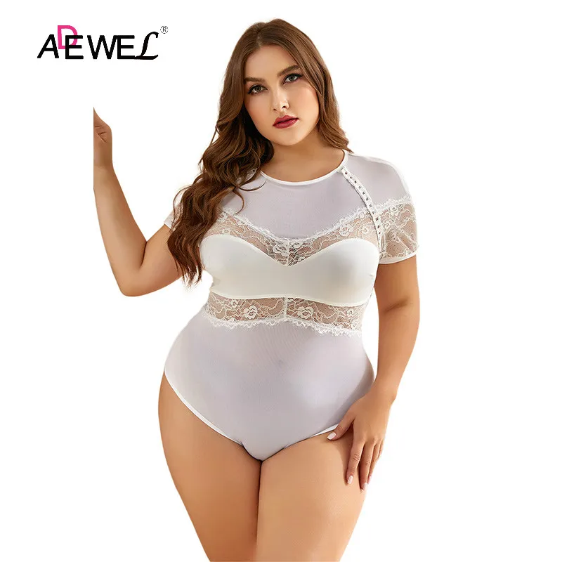 

ADEWEL Sexy Bodysuits Women White Lace Body Lingerie Underwear Solid Color Short Sleeve Bodysuit Summer Skinny Romper Jumpersuit