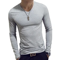 casual stretch t shirt for men v neck solid color top tees male slim fit long sleeved bottoming tshirt