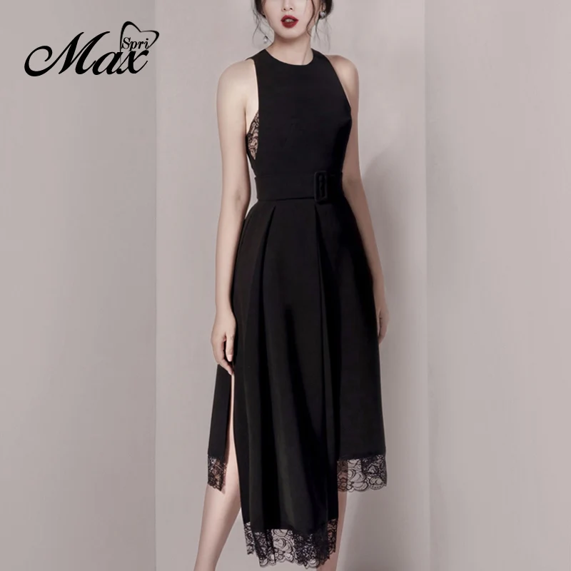 Женское вечернее платье с поясом Max Spri однотонное асимметричное кружевное без