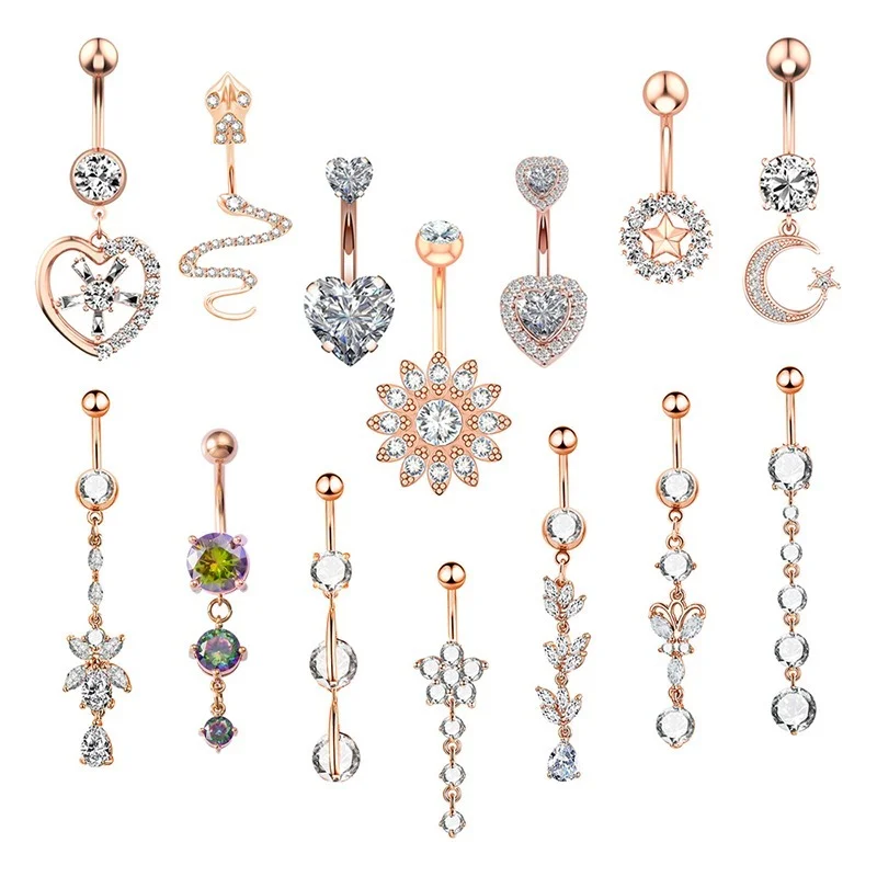 

1PC 14G Dangle Belly Button Rings Women Girls 316L Surgical Steel Navel Ring Barbell Snake Heart Flower Body Jewelry Piercing