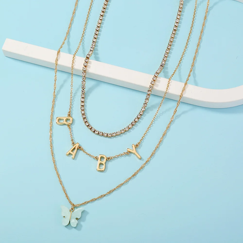 

Butterfly Letter BABY Pendant Necklace for Women Zircon Inlay Choker Accessory New Year Gift Wholesale