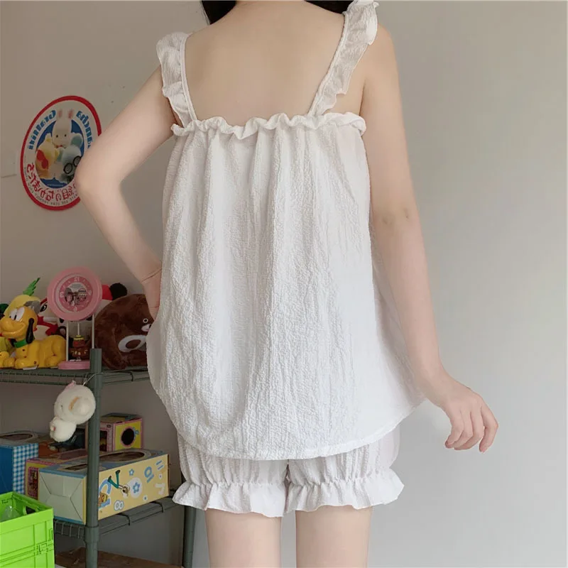 2021 Summer New Bow Sweet Lovely Women's Sling Pajamas Sets Ruffle Knickerbockers Home Suit Lady Sleepwear Female Nightwear