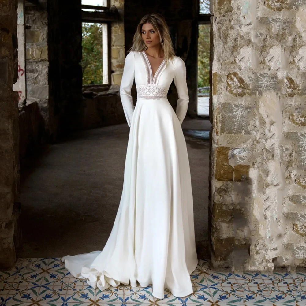 

Sexy Saudi Arabic Wedding Dress Modest Long Sleeves V Neck Lace Bridal Gowns A Line Sweep Train Jersey Long Wedding Dresses