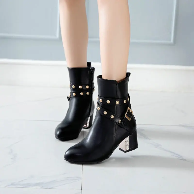 

new winter Ankle Boots Rivet Pointed Toe Boots thick high heel Women Buckle decoration shoes chunky Zipper Woman Big size 48 43