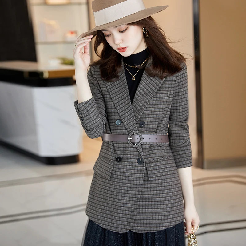 

Fall Winter Fashion Women Blazer Sashes Double-breasted Plaid Female Suit Jacket Coat Long Sleeve Pockets Blaser Femme Tops 2021