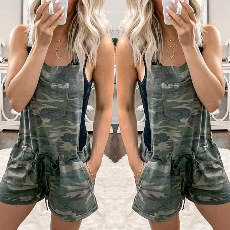 

Summer New Style Women's Loose Casual Polyester Printing Strap Drawstring Elastic Waist Pocket Jumpsuit Streetwear Overalls