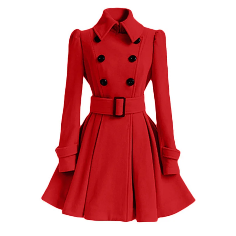 

Women's autumn and winter woolen coat belt buckle windbreaker