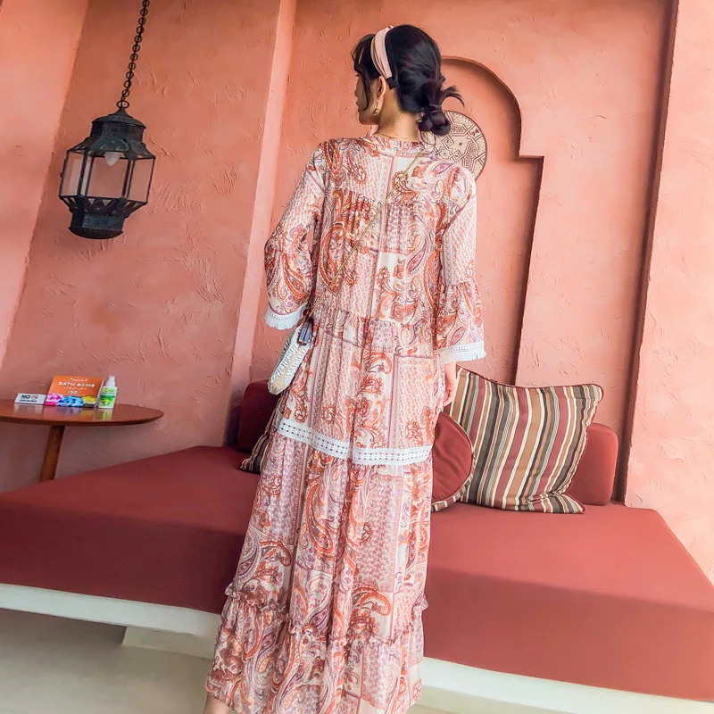 2020 Women Bohemian Style New Design V-neck Long Dresses Flare Sleeve Printing High Quality Holiday Clothing | Женская одежда