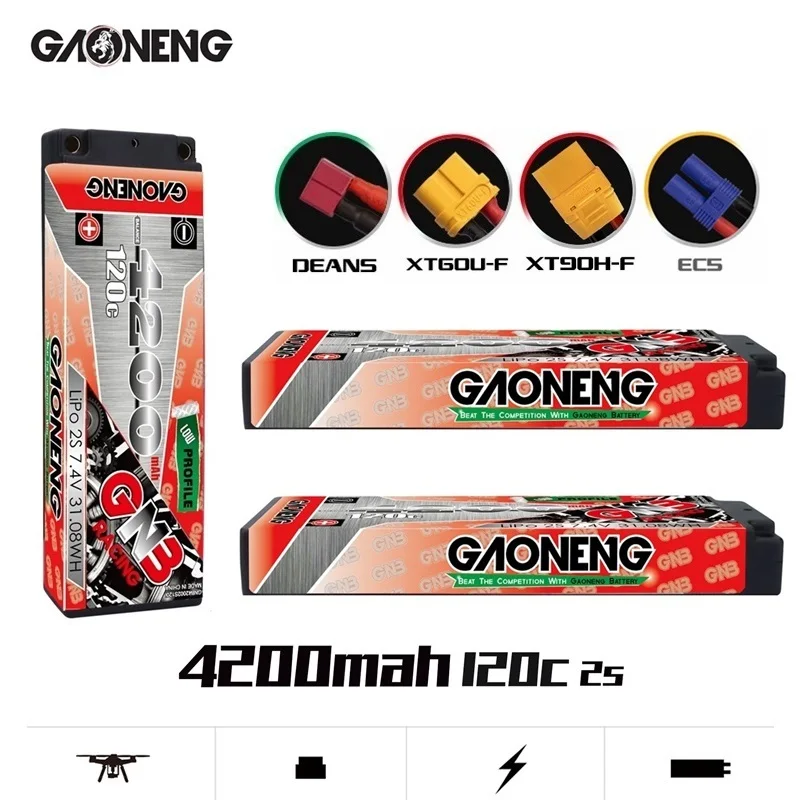 

1-2pcs Original Gaoneng GNB 4200MAH 2S 7.4V 120C FPV Lipo Battery Long Thin Hard Shell Off-road Car Boat Batteries
