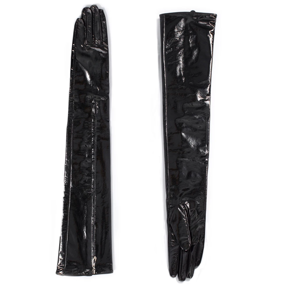 

60cm(23.6") mid invisible zipper style real patent leather opera long gloves black