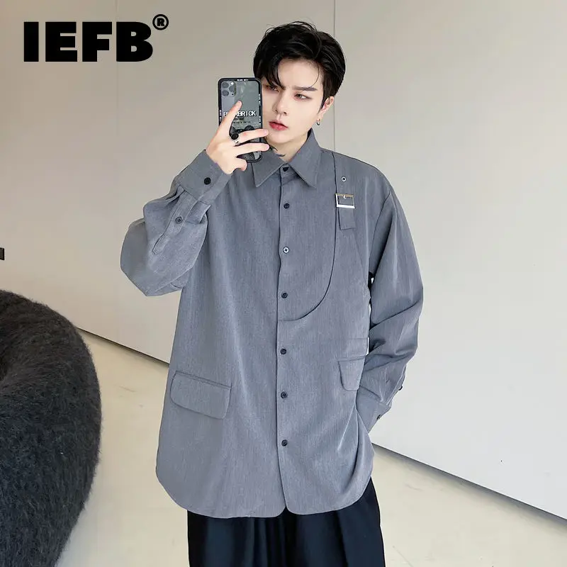 

Мужская однобортная рубашка IEFB, черная или серая Свободная рубашка с длинными рукавами и металлическими пуговицами, осень 2021