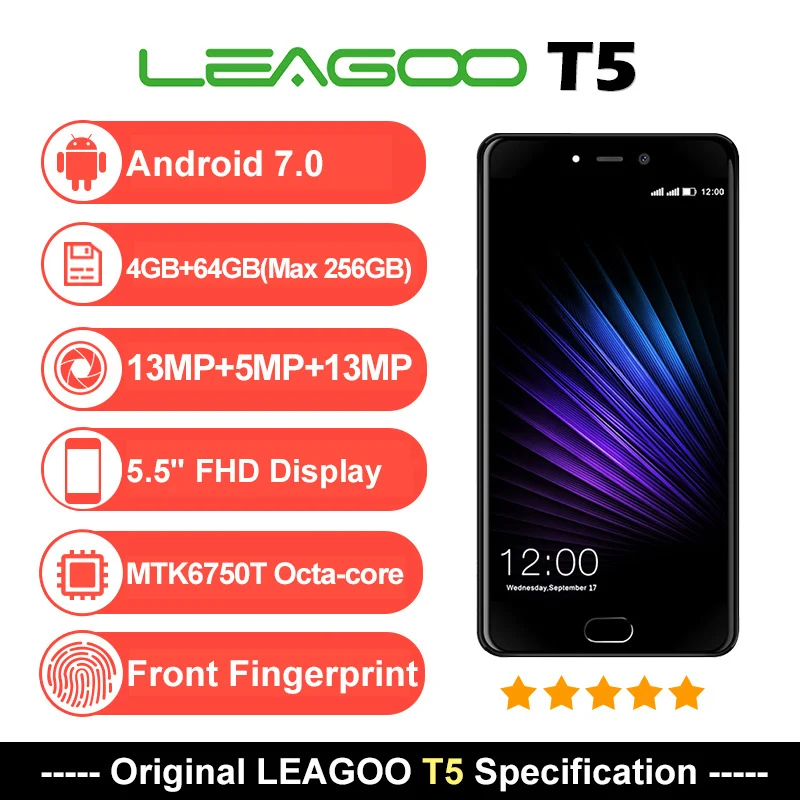 LEAGOO T5 смартфон 5 "MTK6750T четыре ядра 4 Гб Оперативная память 64 Встроенная Android 7 0 13MP
