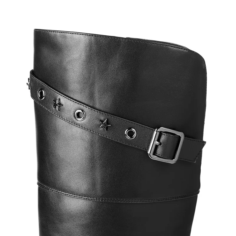 Meotina Winter Over The Knee Boots Women Natural Genuine Leather Buckle Thick High Heel Long Boots Zip Pointed Toe Shoes Lady 42