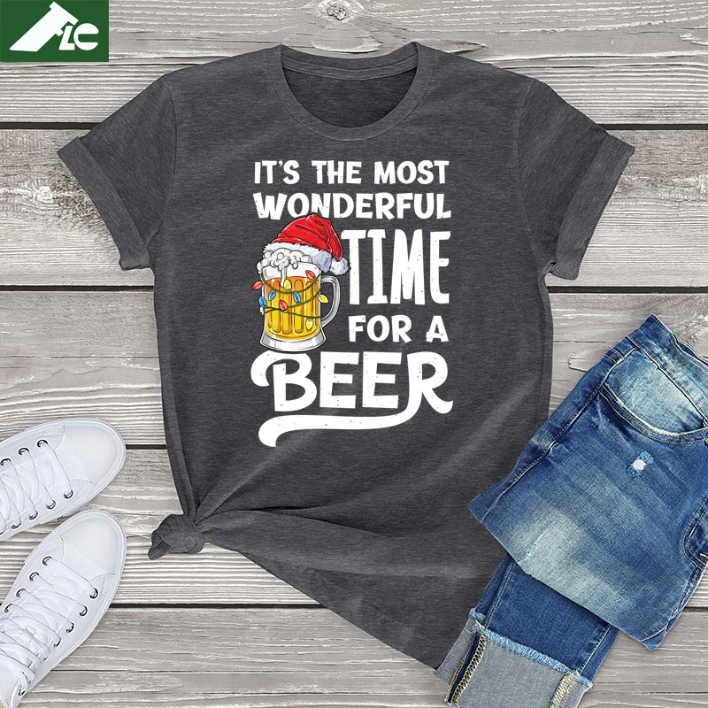 

It's The Most Wonderful Time for A Beer Unisex Tops 100% Cotton Christmas Santa Women T Shirt Oversized Graphic Female T Shirt