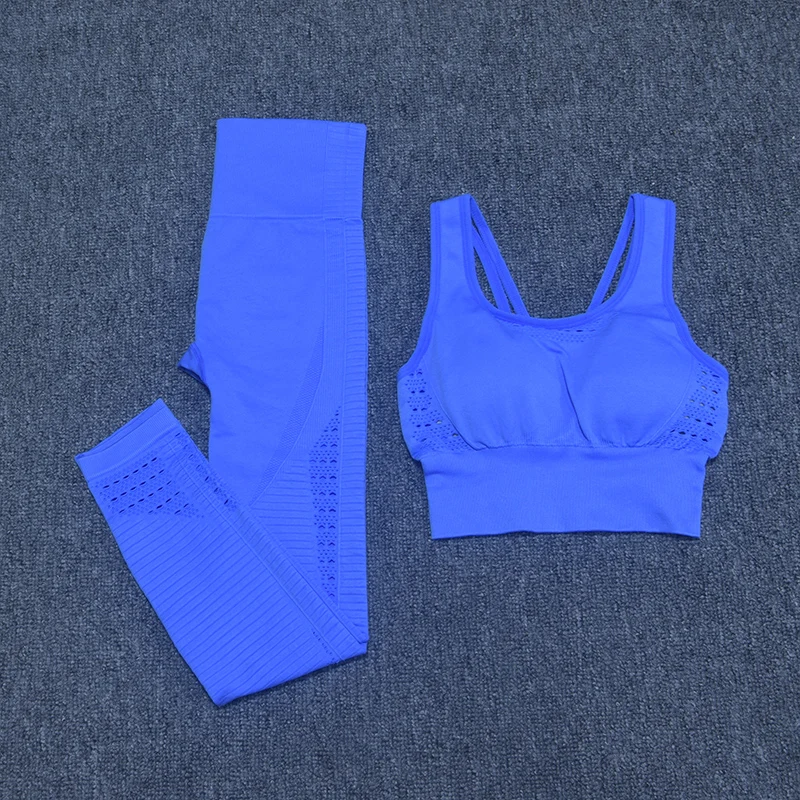 blue 2 шт. спортивные костюмы энергия Бесшовные Йога набор фитнес одежда спортивная одежда женские леггинсы для спортзала мягкий пуш-ап спортивный бюстгальтер наборы - Цвет: blue