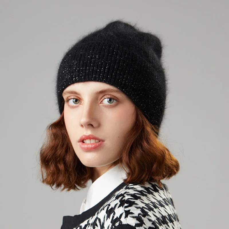 Вязаные шапки, зимние женские шапки, теплые шапки Skullies Beanies, высококачественные женские шапки из кроличьей шерсти, женская шапка - Цвет: Черный