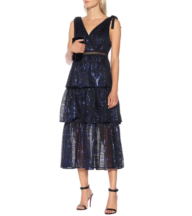 Элегантные женские вечерние платья миди с синей вышивкой и блестками 2019