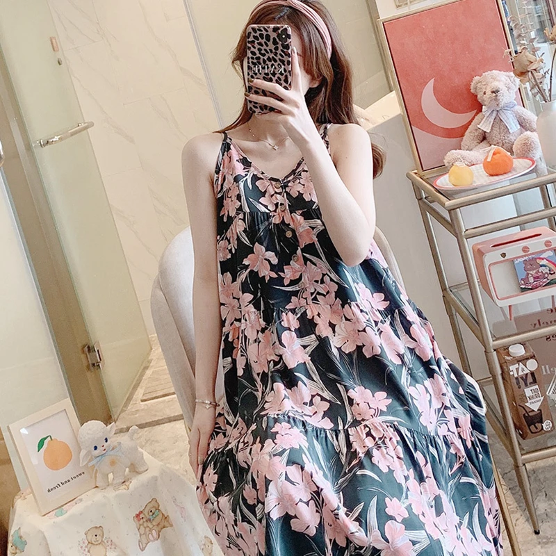 

Comfortable nightdress women's Summer Dew back sexy cotton silk suspender skirt leaves flower fresh dress cotton silk pajamas