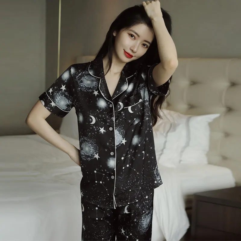 

Женский пижамный комплект с принтом Луны звезды 2 шт. рубашка и брюки с коротким рукавом Домашняя одежда Пижама Мягкая женская пижама для же...