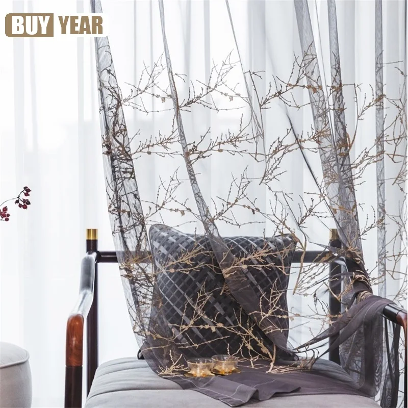

European High-grade Branch Embroidered Tulle Curtains Grey Exquisite Voile Curtains for Living Room Bedroom