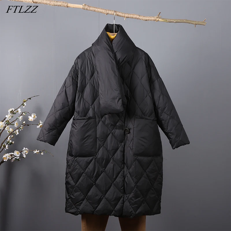 FTLZZ Winter Women with Scarf Light Feather Jacket White Fashion Solid Color Down Long Coat Loose Warm Outwear Scarf Detachable