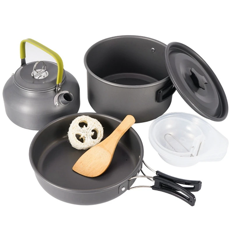 

Посуда для кемпинга, чайник, набор для беспорядка с кастрюлей, чашей, ножом, вилкой, ложкой для отдыха на природе, кемпинга, пешего туризма и п...