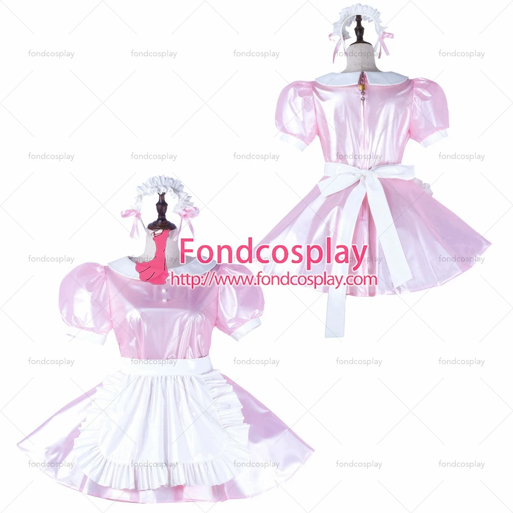 

fondcosplay adult sexy cross dressing sissy maid pink clear pvc dress lockable white apron Peter Pan collar Tailor-made[G2230]