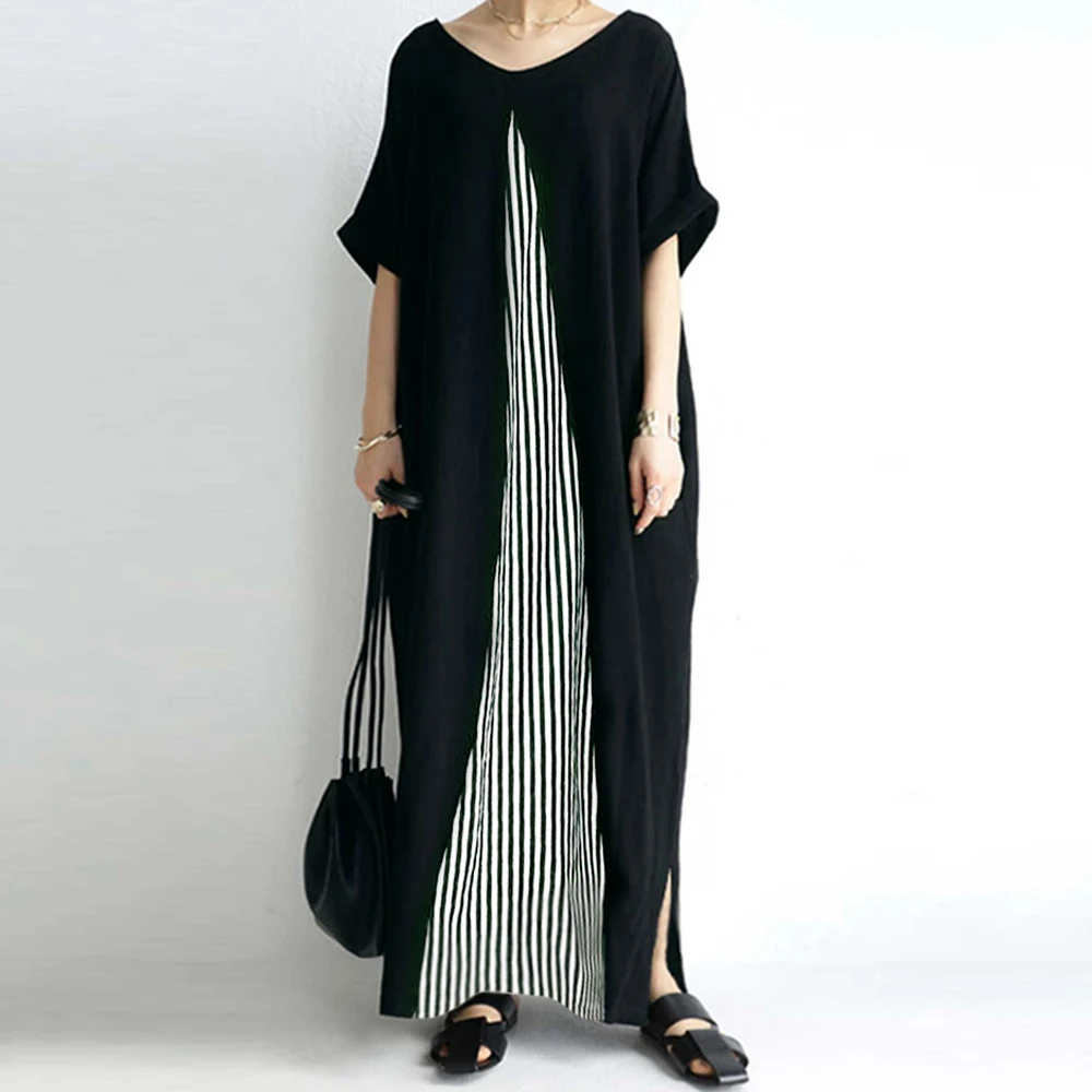 

Casual Women Long Dress Black Striped Patchwork Female Maxi Dresses Robe 2022 Korean Japanese Loose Dress Flare Sleeve Robes