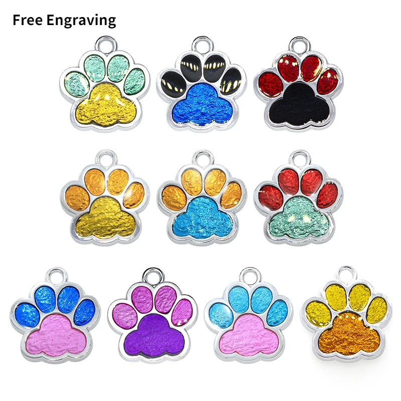 1pc Dog Cat ID Tag Personalized Candy Color Footprint Lettering Tag Custom Name Pendant Necklace Cat Puppy Accessories