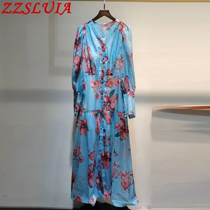 

Women's Long Dresses V Neck Lantern Sleeve Flower Printed Design Slim Single Breasted Dress Fashion Bohemian One Piece Female