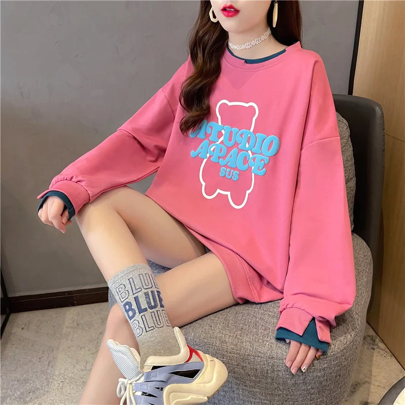 

2021 Early Autumn New Fake Two-Piece Hooded Sweater Women Loose Fashion Casual Large Version Long-Sleeved Round Neck A0105