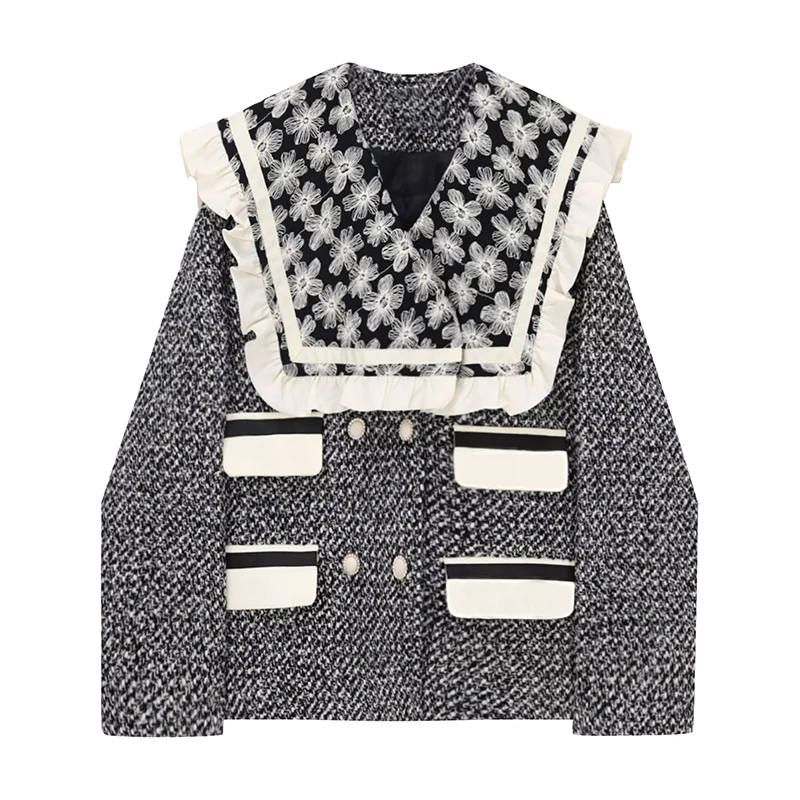 

Korean Vintage Woolen Outerwear Women Floral Sailor Collar Ruffle Edge Double Breasted Loose Sweet Short Jacket Coat 2021 Winter