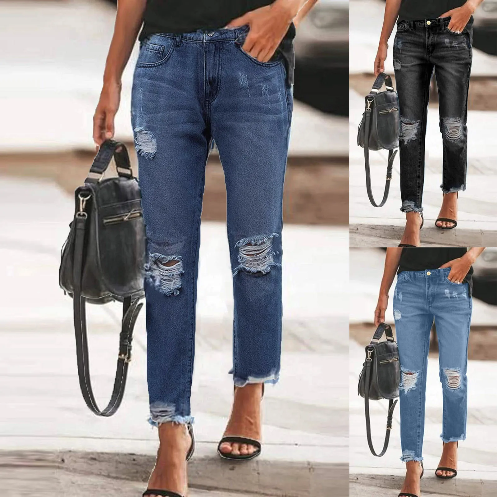 

Vintage Hole Denim Pencil Pants Women Solid Cool Hollow Out High Waist Pant Casual Lady Slim Fit Solid Pockets Jeans Streetwear
