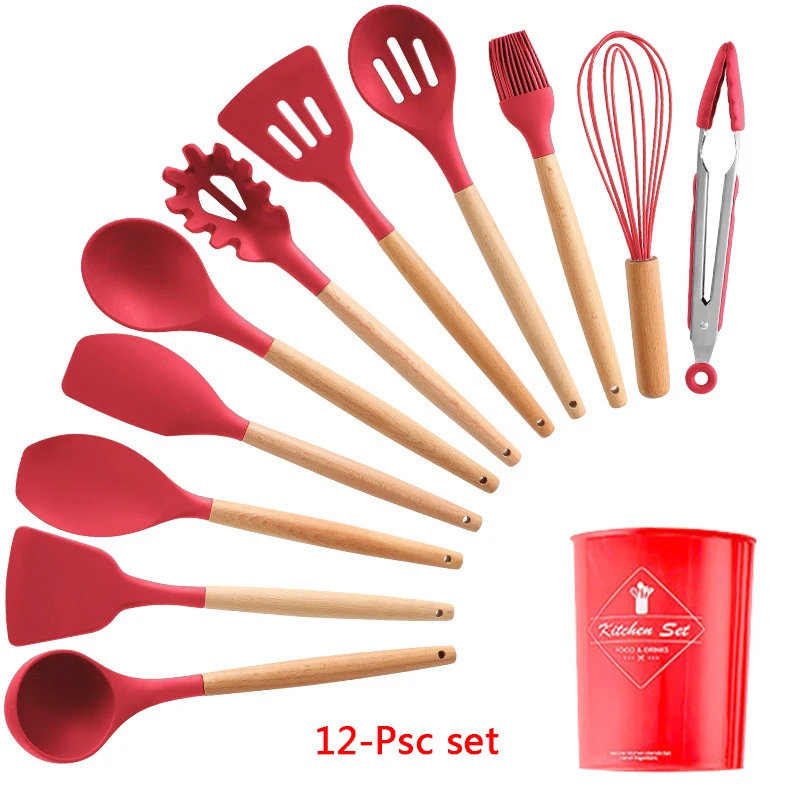 12-Pcs kitchen set Силиконовые набор для кухни 11/12/13 шт, кухонный набор,набор кухонных принадлежностей, антипригарным,деревянной с лопатки, ложка,половник,Кухня инструменты,кухонная утва,серый,кухонные принадлежности из силикона - Цвет: 12-Pcs kitchen set