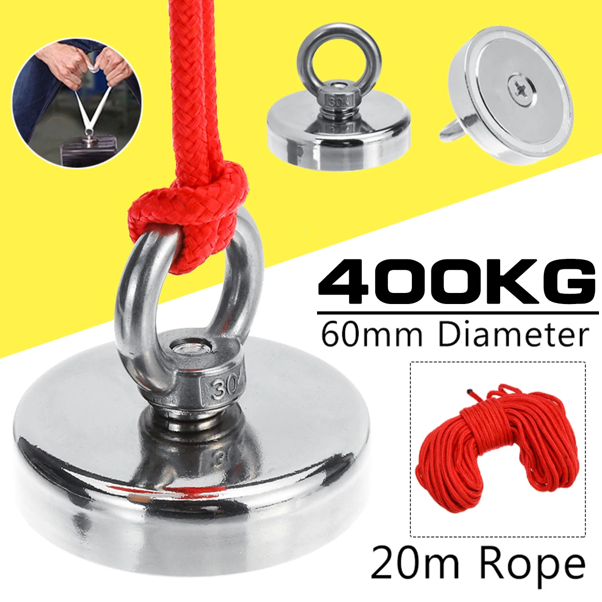 

400KG Strong Powerful Round Neodymium Magnet hook Salvage Magnet Sea Fishing Wquipment Holder Pulling Mounting Pot With 20M Rope