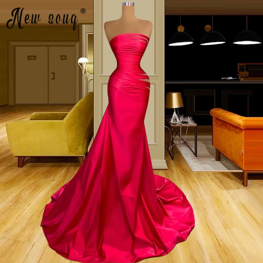 

African Red Mermaid Long Evening Dress 2021 Pleated Sweep Tailing Long Robes Real Photos Arabic Wedding Party Dress Prom Gowns