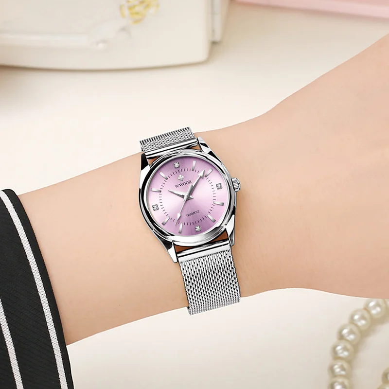 

WWOOR Ladies Luxury Diamond Watches Women Fashion Classic Quartz Wrist Watch Female Silver Pink Bracelet Watch Relogio Feminino