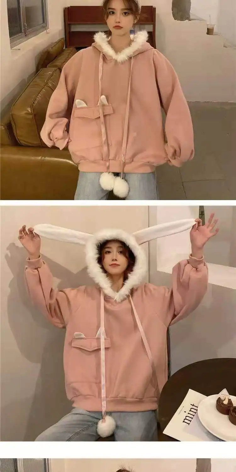 

Autumn Spring Women Winter Sweatshirts Coat Causal Warm Thick Solid Pink Female Hooded Coat Outerwear