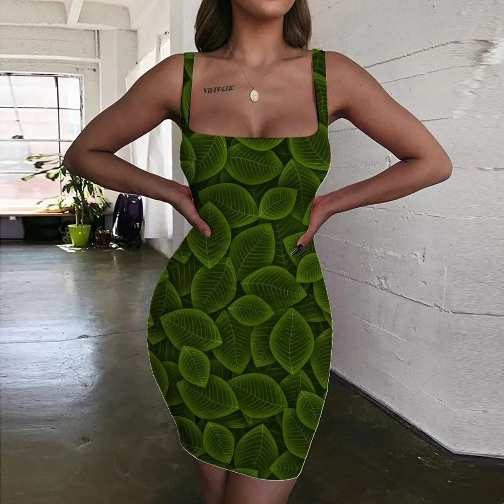 

Giyu Brand Cube Dress Women Geometry 3d Print Leaf Halter Sleeveless Green Ladies Dresses Womens Clothing Party New Korean Style