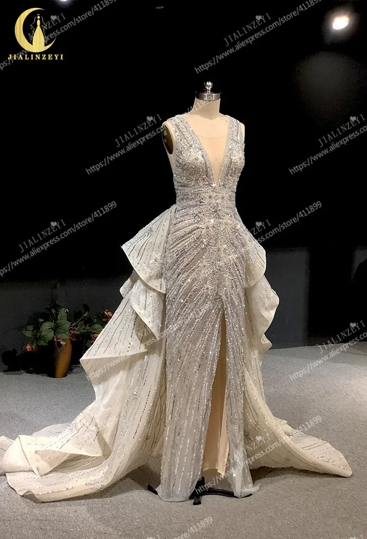 Rhine Real picture Zuhair Murad V Neck Sexy Luxurious Fashion Beads women evening dress long formal dresses