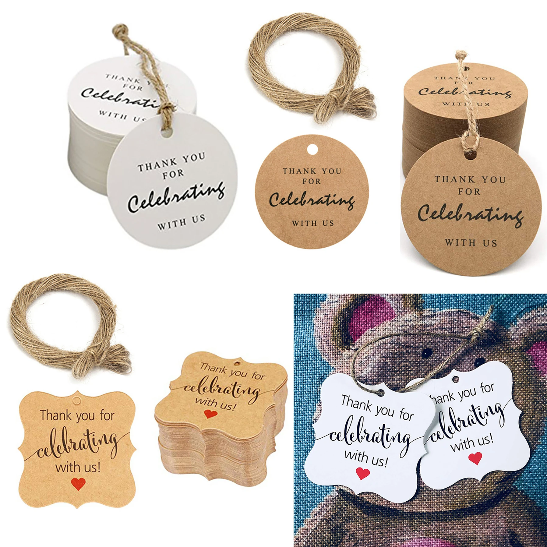 

100Pcs Kraft Paper Gift Tags +20M Rope Thank You for Celebrating with Us Labels Wedding Party Gift Wrapping Decoration Hang Card