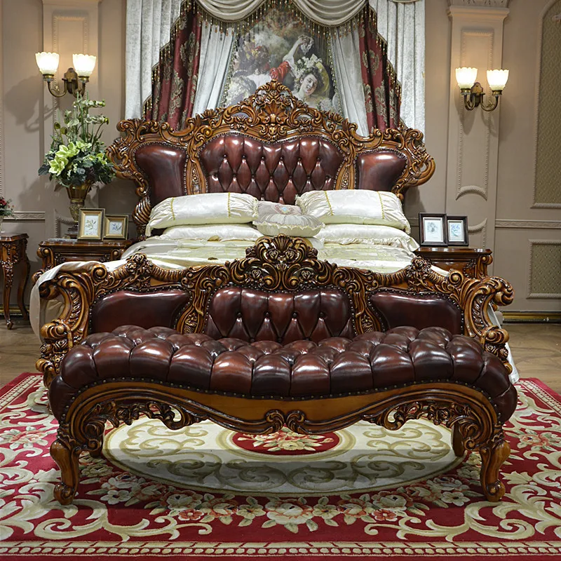 Европейская цельная деревянная резная двуспальная кровать вилла Главная