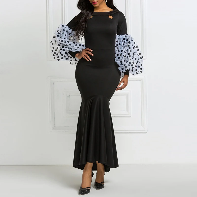 Черное Платье макси с длинным рукавом длинными пышными рукавами в горошек