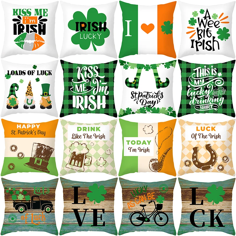 

Retro Home Festival Decor Cushion Cover Happy St.Patricks Day Decoration Spring Green Leaf Throw Pillow Cover Letter Pillow Case