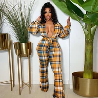 2022 winter womens clothing button cardigan jumpsuit yellow plaid long sleeved jumpsuit casual sexy ladies slim flared trousers