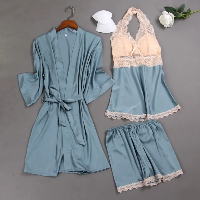 

Women Satin Sleepwear Robe Sexy Silk Robe Gown Set Sleep Lounge Indoor Clothing Nightwear Nightdress With Chest Pads