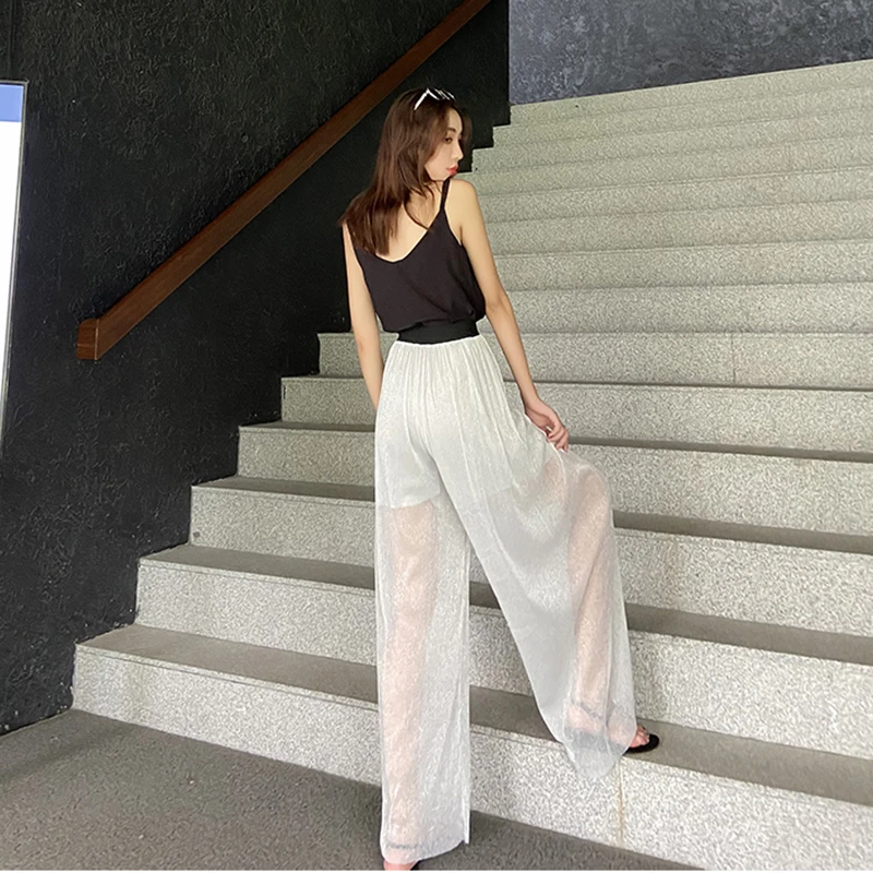 

2021 spring summer women new high-waist slim trousers bright silk casual pants straight-leg pants loose wild fashion wide-leg 43