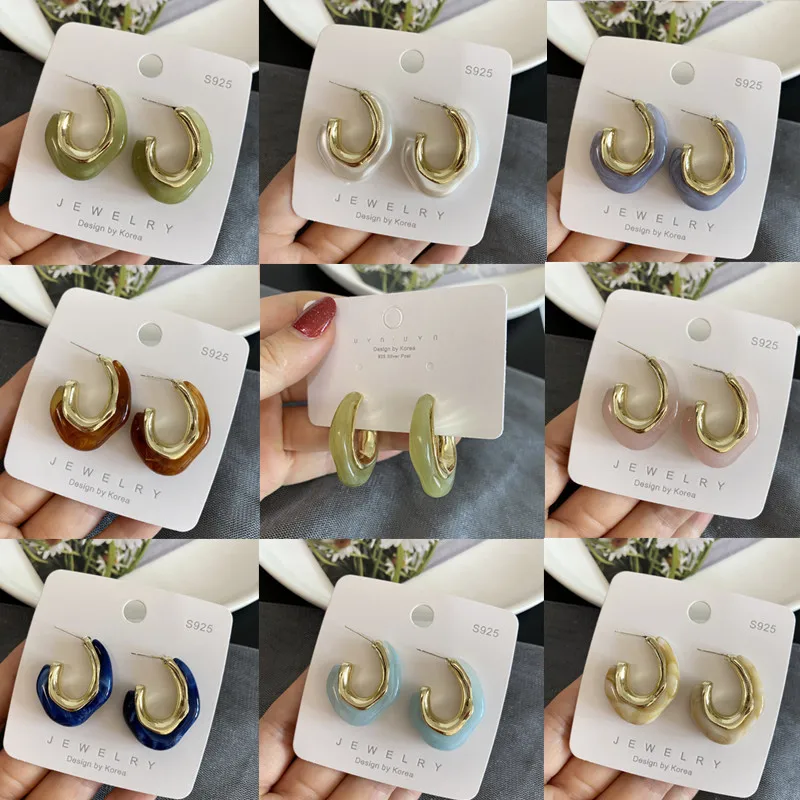 

S925 Coloful Vintage Geometric Irregular Resin Stud Earrings Fashion Colorful C-shaped Acrylic Earrings for Women Girls Jewelry