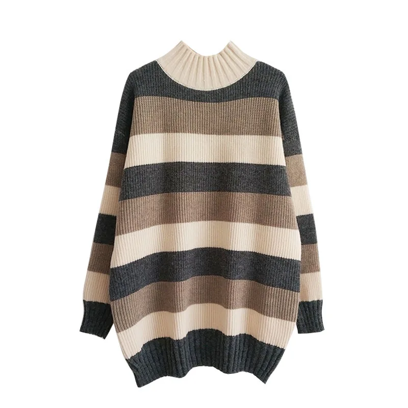 

SuperAen Mock Neck Loose Retro Full Sweater Women 2021 New Striped Loose Mid-length Knitted Bottom